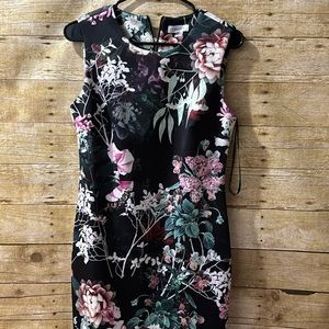 Calvin Klein Womens Sz 8 Sheath Dress Midi Black Floral Sleeveless Stretch Zip